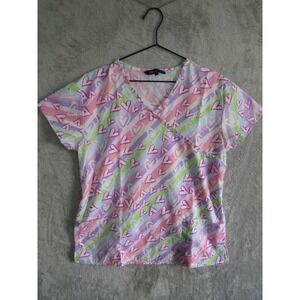 Cassandra Womens Small Scrub Top Pink Purple Heart Stripe Mock Wrap Tie Back S